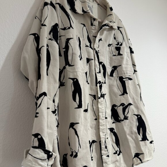 Corduroy All Over Print Penguins Button Up Sz XL Ivory Mens Shirt - Picture 2 of 3